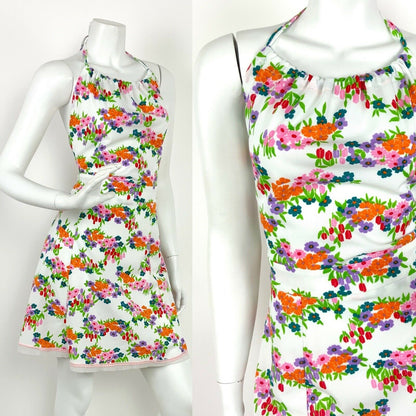 VINTAGE 60s 70s WHITE PINK ORANGE PURPLE GREEN FLORAL DAISY HALTER MINI DRESS 12