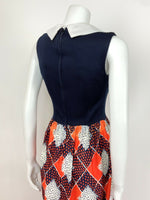 VTG 60s 70s BLUE MAXI DRESS WHITE WING COLLAR ORANGE ABSTRACT SPOT GEOMETRIC 10