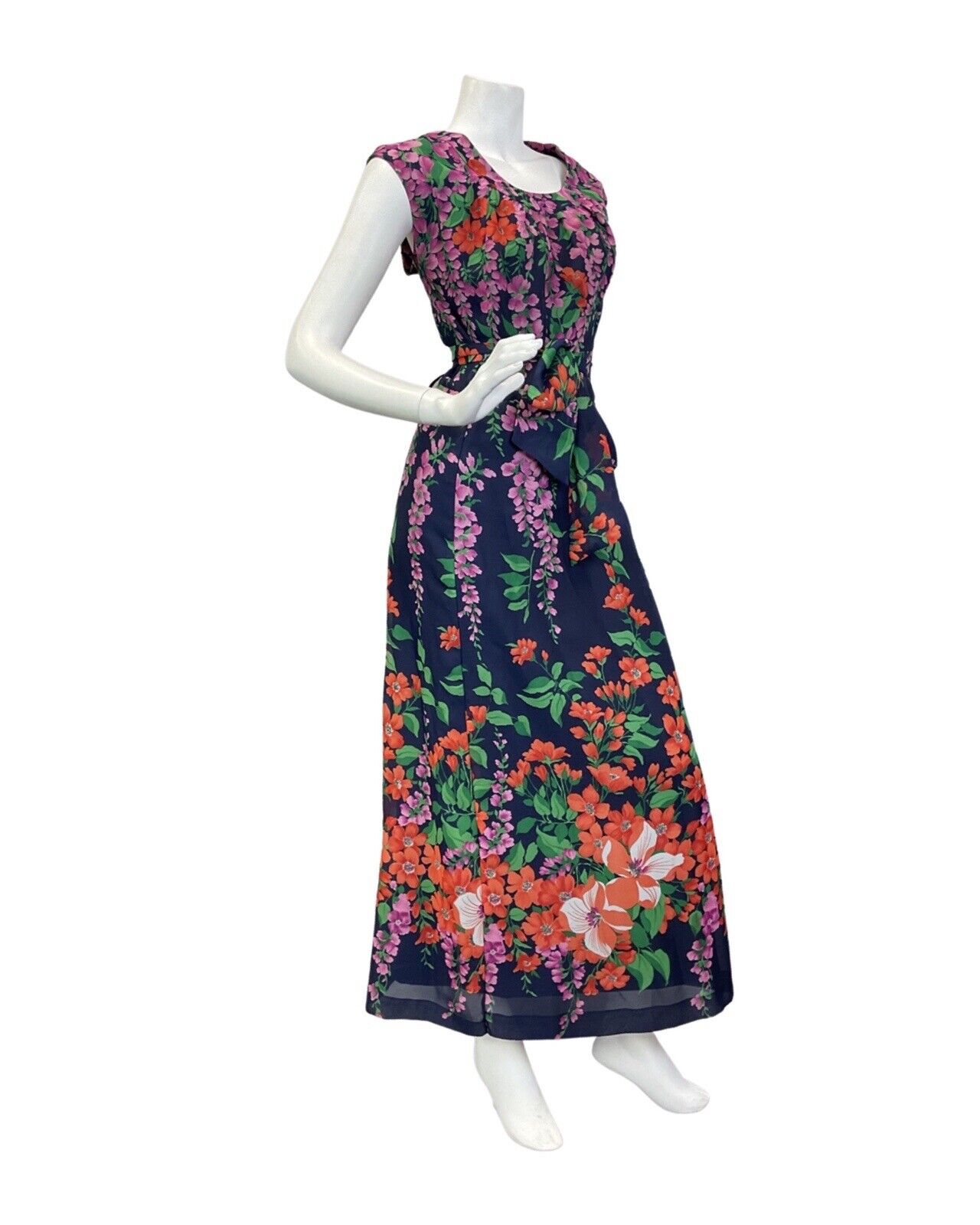 VINTAGE 60s 70s BLUE GREEN RED FLORAL WISTERIA SLEEVELESS MAXI DRESS 18