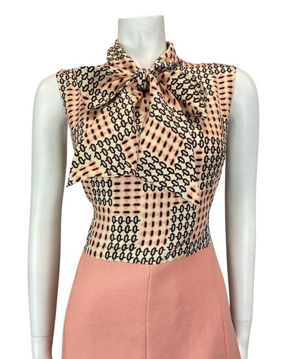 VINTAGE 60s 70s PINK PEACH BLACK GEOMETRIC PUSSYBOW SLEEVELESS DRESS 12