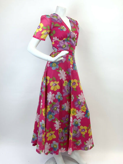 VINTAGE 60s 70s BRIGHT PINK BLUE PURPLE GREEN FLORAL SHEER FLOATY MAXI DRESS 8