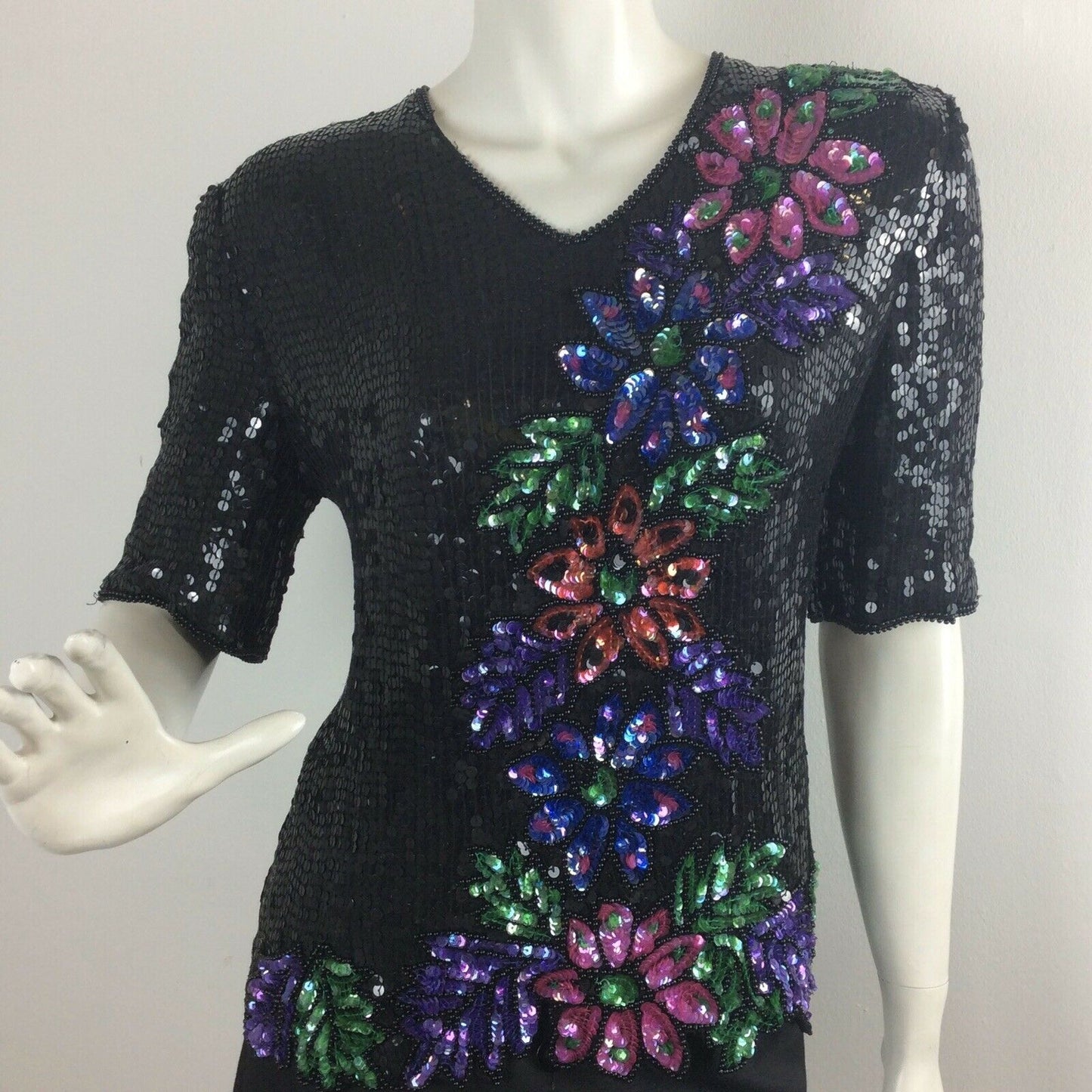 VINTAGE 80S SEQUIN BLACK PINK PURPLE, GREEN BLUE FLOWER TOP 10 12