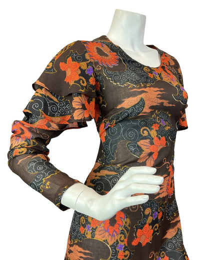 VINTAGE 60s 70s BROWN ORANGE BLACK PSYCHEDELIC SWIRL FLORAL MAXI DRESS 10