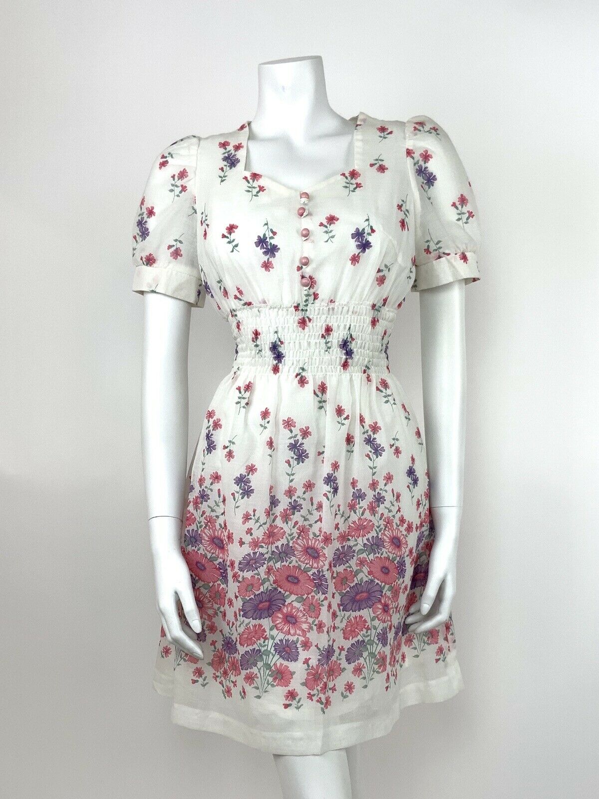 VINTAGE 60s 70s COTTON SUMMER DRESS FLORAL WHITE PINK PURPLE SWEETHEART 8 10