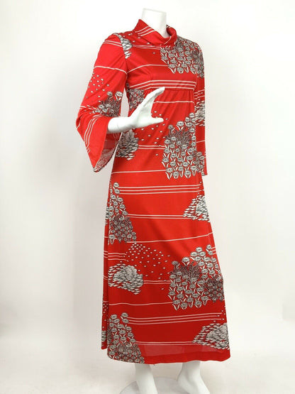 VTG 60s 70s RED WHITE FLORAL BIRD TURTLENECK BELL SLEEVE FOLK MAXI DRESS 6