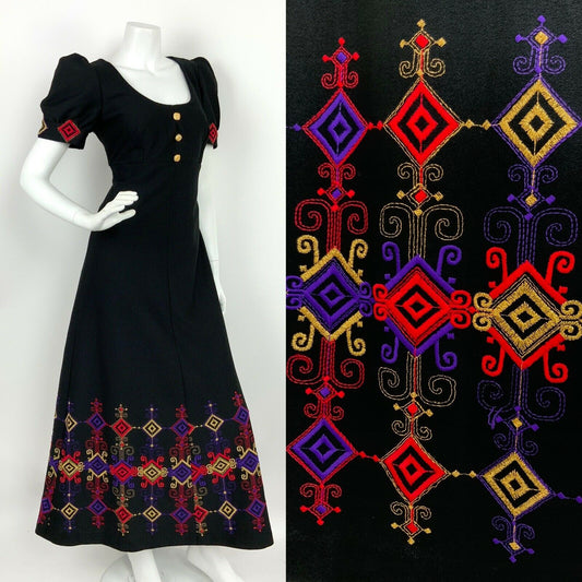 VTG 60s 70s BLACK PURPLE PINK GOLD AZTEC GEOMETRIC PUFF SLEEVE MAXI DRESS 12