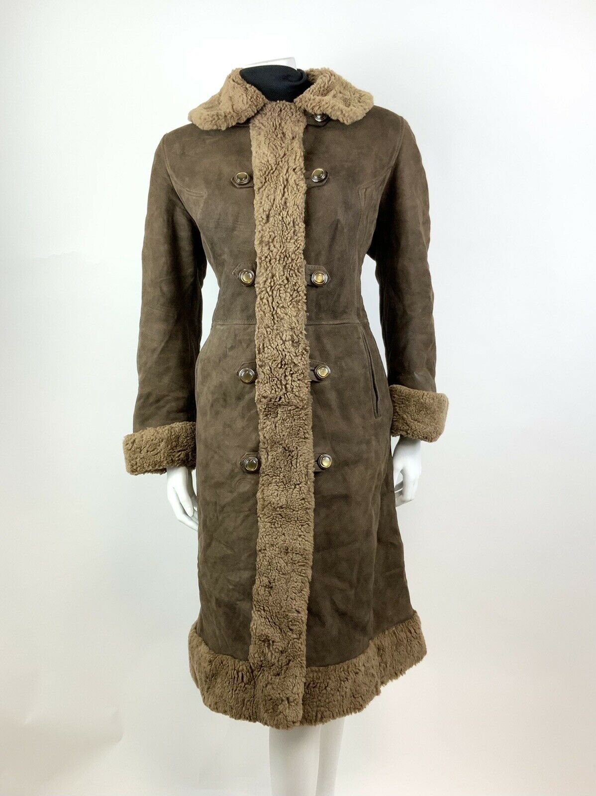 VTG 60s 70s DEEP BROWN DOUBLE-BREASTED SUEDE LEATHER SHEARLING BOHO COAT 12 14