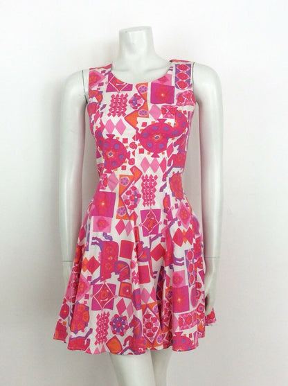 VINTAGE 60S 70S ABSTRACT GEOMETRIC DRESS PINK WHITE PURPLE ORANGE HORSES 6