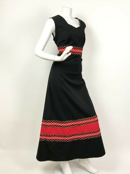 VINTAGE 60s 70s BLACK RED GOLD GLITTER BOHO MAXI DRESS 14 16