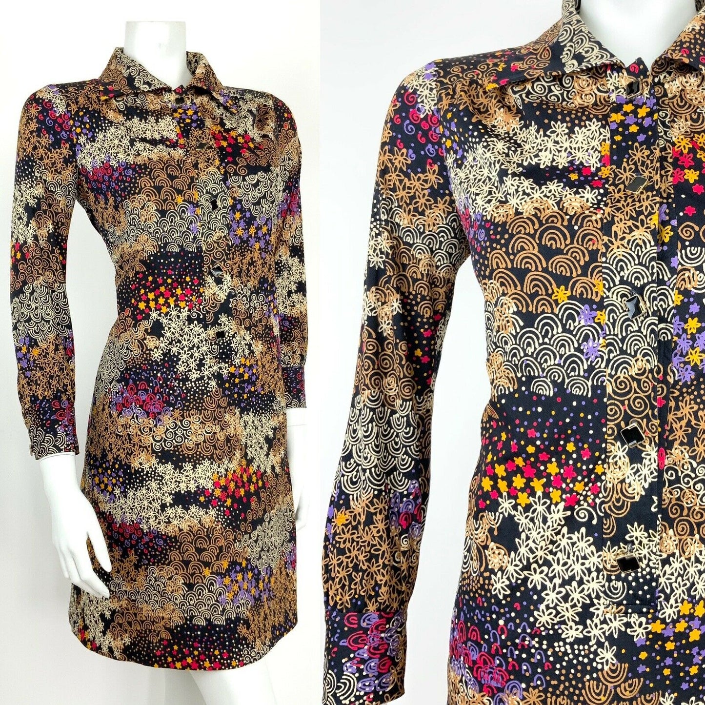 VTG 60s 70s BLACK PURPLE RED YELLOW PSYCHEDELIC FLORAL STAR SHIRT DRESS 12 14