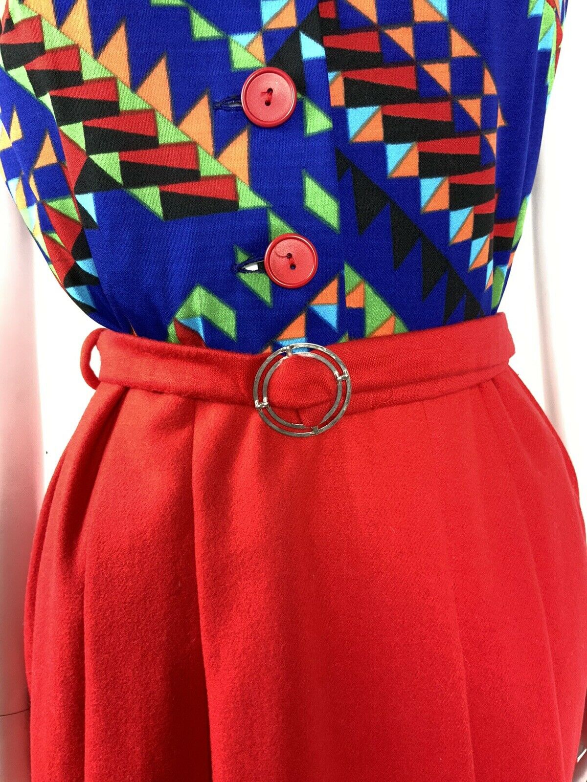 VTG 60s 70s MOD RED BLUE GREEN ORANGE GEOMETRIC BELTED PLEATED DRESS 10 12