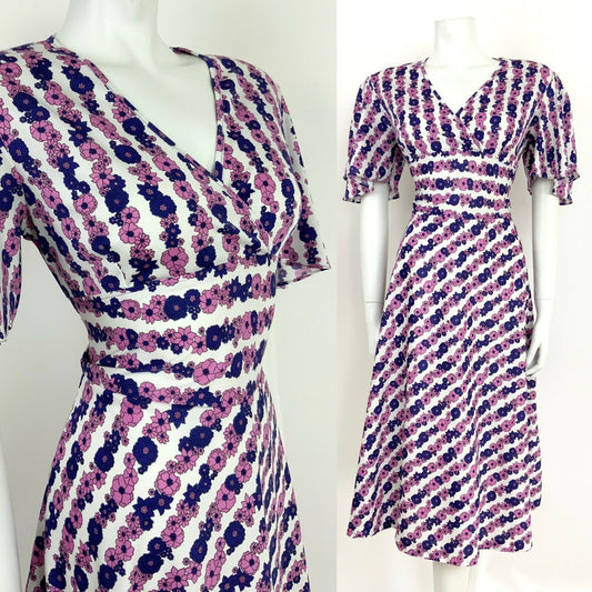 VINTAGE 60s 70s WHITE PINK PURPLE FLORAL STRIPED FLUTTER SLEEVE SWING DRESS 14