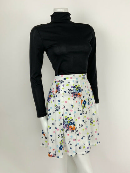 VINTAGE 60s 70s WHITE NAVY BLUE PINK GREEN PINK FLORAL PLEATED HIPPY SKIRT 10