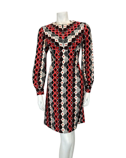 VINTAGE 60s 70s RED BLACK WHITE GEOMETRIC DIAMOND LONGSLEEVE DRESS 12