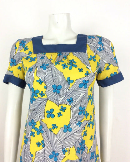 60s 70s VINTAGE YELLOW BLUE WHITE FLORAL TUNIC DRESS 10 12 14