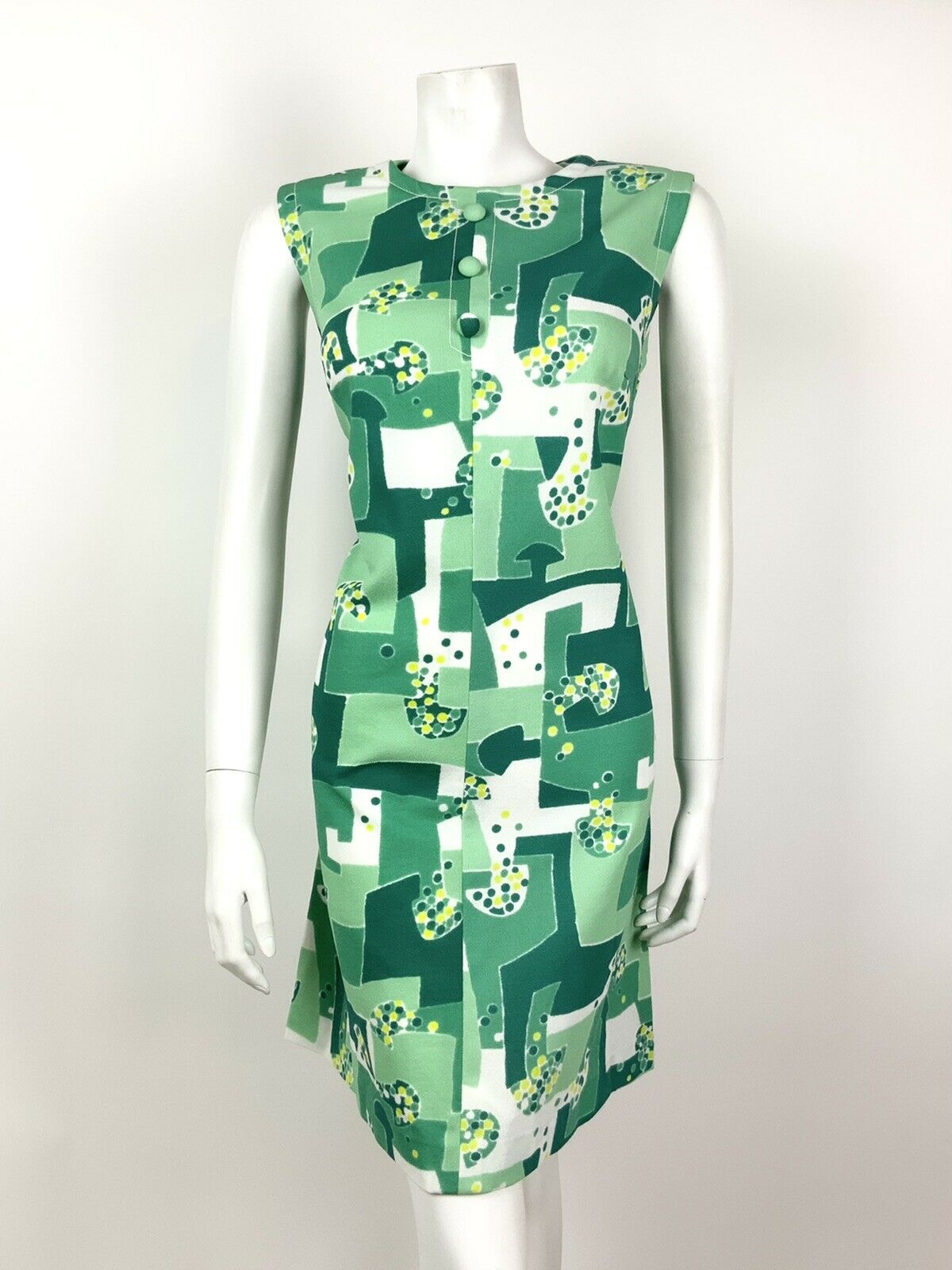 VINTAGE 60s 70s GREEN LIME MINT WHITE GEOMETRIC DOTTY MOD SHIFT DRESS 14 16