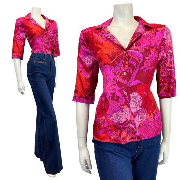 VINTAGE 60s 70s PINK PURPLE RED PSYCHEDELIC FLORAL MOD BLOUSE SHIRT 12 14