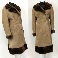 VINTAGE 60s 70s CAMEL BROWN SUEDE SHEARLING DOUBLE-BREASTED LONG COAT 16 18