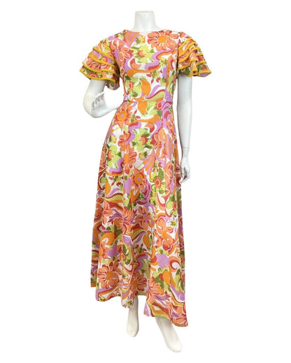 VINTAGE 60s 70s ORANGE GREEN LILAC PSYCHEDELIC FLORAL SUMMER MAXI DRESS 8 10