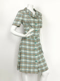 VINTAGE 60s 70s CREAM BLUE BROWN TARTAN PLAID MOD SHIRT COLLAR DRESS 12