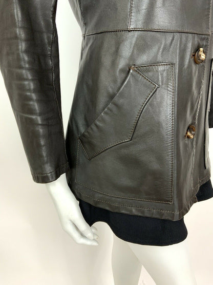 VINTAGE 60s 70s DARK BROWN DAGGER COLLAR MOD NORTHERN SOUL LEATHER JACKET 10 12