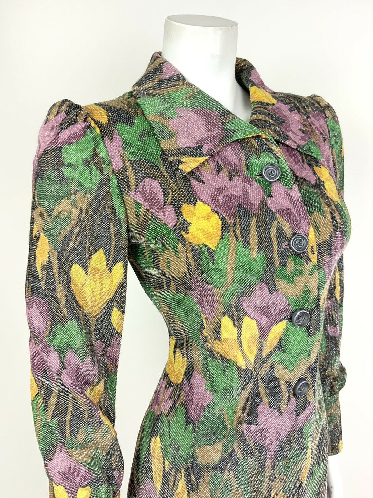 VINTAGE 60s 70s BLACK GREEN YELLOW PURPLE FLORAL SILVER GLITTER SHIRT DRESS 8 10