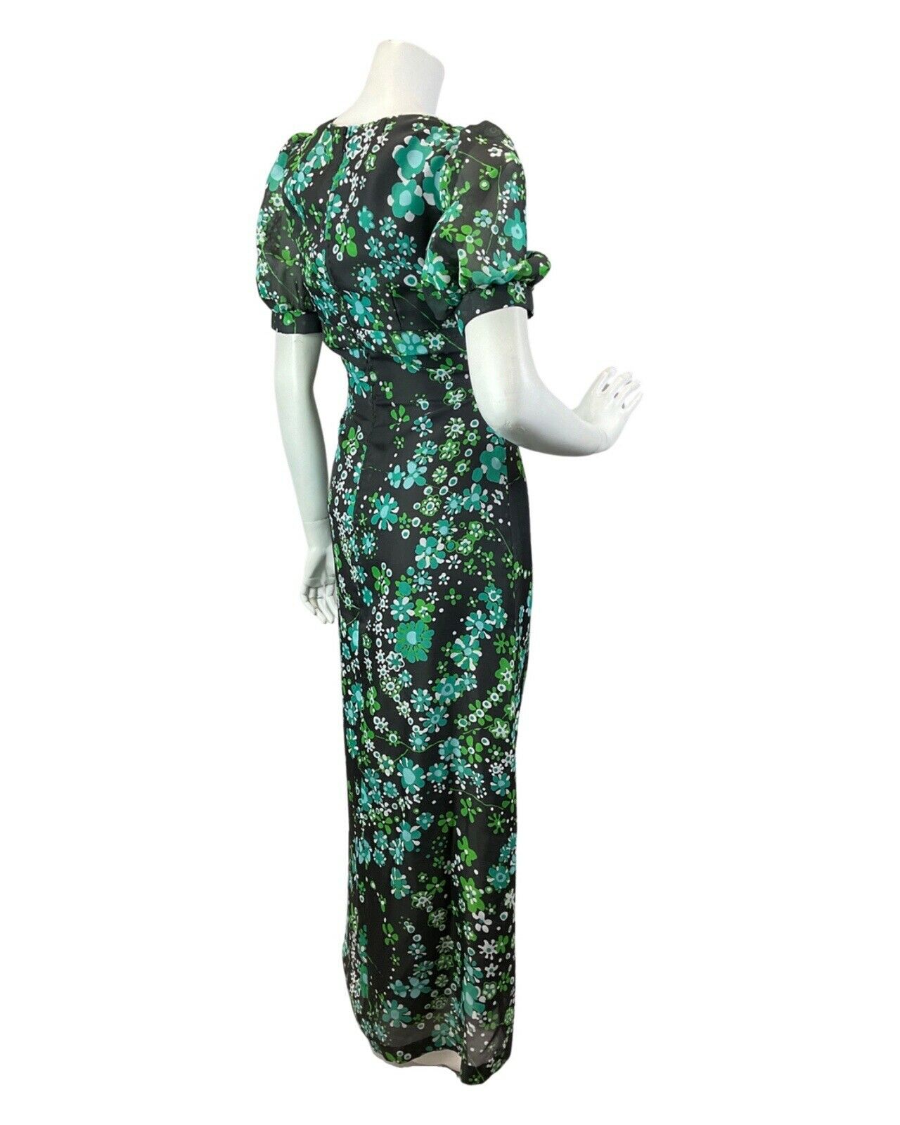 VINTAGE 60s 70s BLACK GREEN DAISY FLOWER PUFF SLEEVE MOD MAXI DRESS 10