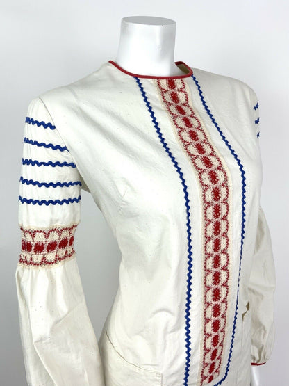 VTG 60s 70s CREAM RED BLUE RIC RAC CROCHET FOLK COTTON MINI SHIFT DRESS 12 14