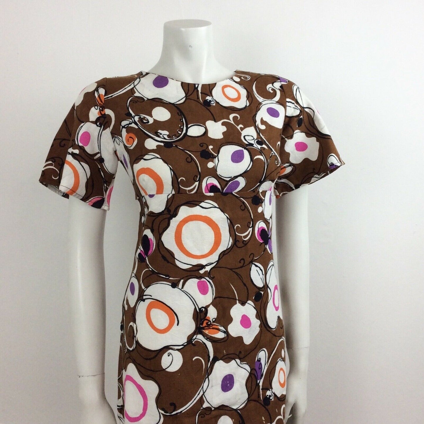 60S VINTAGE PSYCHEDELIC BROWN PURPLE PINK ORANGE DRESS 10 12