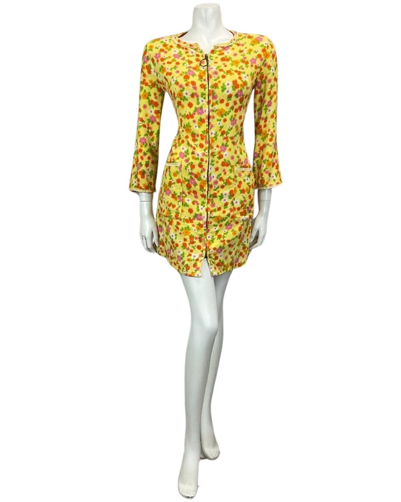 VINTAGE 60s 70s YELLOW ORANGE GREEN PINK FLORAL TOWELLING MINI DRESS 10 12