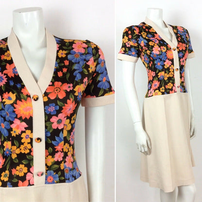 VINTAGE 60s 70s BEIGE PSYCHEDELIC BLACK ORANGE BLUE FLORAL DRESS 10 12