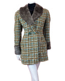 VINTAGE 60s 70s GREEN YELLOW WHITE PLAID CHECKED FAUX FUR MOD WOOL COAT 16 18