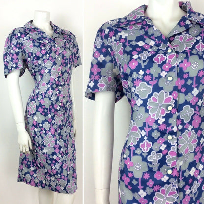 STUNNING VINTAGE 60S 70S PSYCHEDELIC BLUE PURPLE FLORAL TEA DRESS 16 18