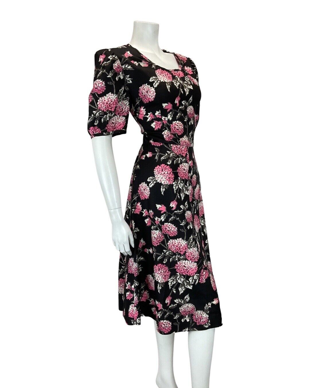 VINTAGE 60s 70s BLACK PINK GREY FLORAL HYDRANGEA MOD KNEE-LENGTH DRESS 12 14