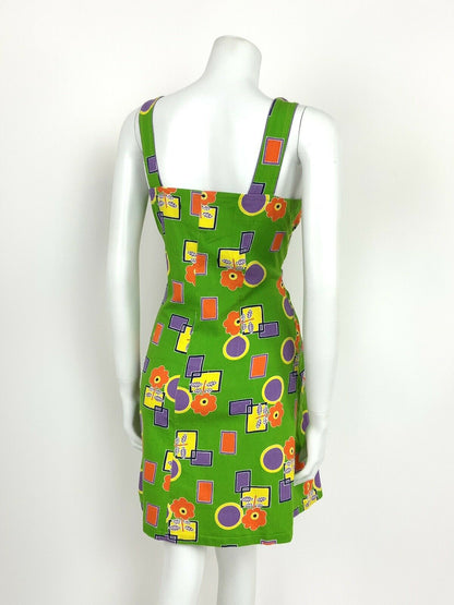 VINTAGE 60s 70s GREEN PURPLE YELLOW ORANGE FLORAL GEOMETRIC SUMMER DRESS 12