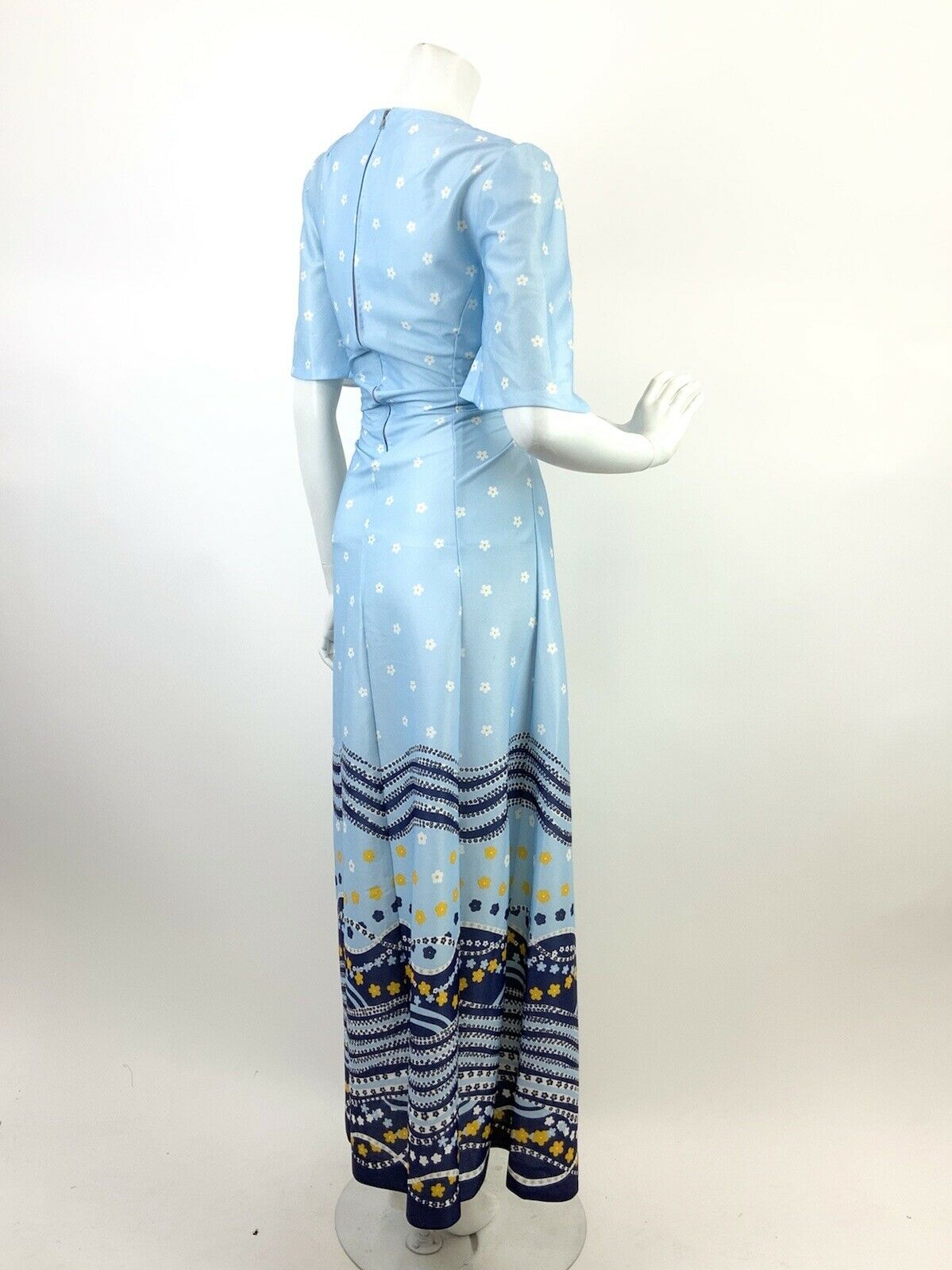 VTG 60s 70s BABY BLUE NAVY WHITE YELLOW WAVY DAISY FLORAL MOD MAXI DRESS 12 14