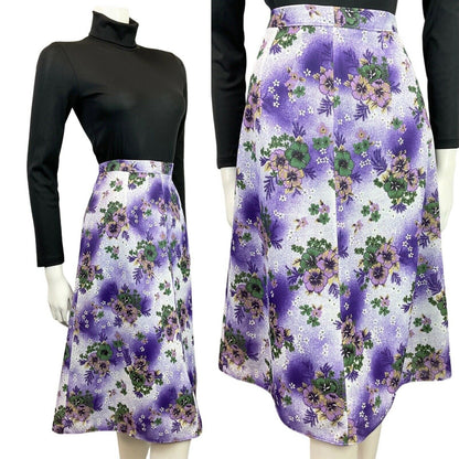 VINTAGE 60s 70s PURPLE WHITE GREEN FLORAL DAISY KNEE-LENGTH SWING SKIRT 8 10