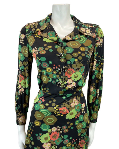 VINTAGE 60s 70s BLACK GREEN ORANGE FLORAL ABSTRACT PRINT MOD MIDI DRESS 14