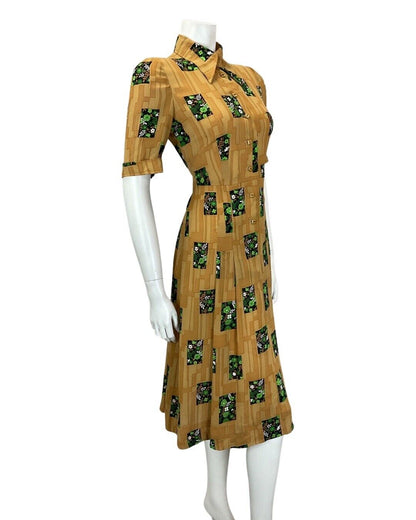 VINTAGE 60s 70s OCHRE YELLOW GREEN GEOMETRIC FLORAL MOD DAGGER SHIRT DRESS 8