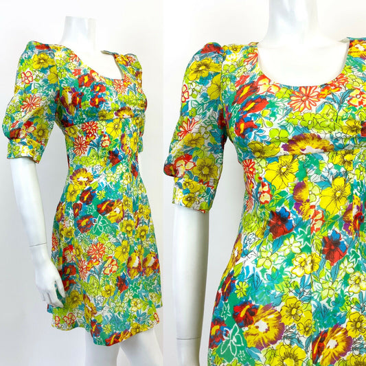 VTG 60s 70s GREEN BLUE YELLOW PSYCHEDELIC FLORAL PUFF SLEEVE MOD MINI DRESS 8