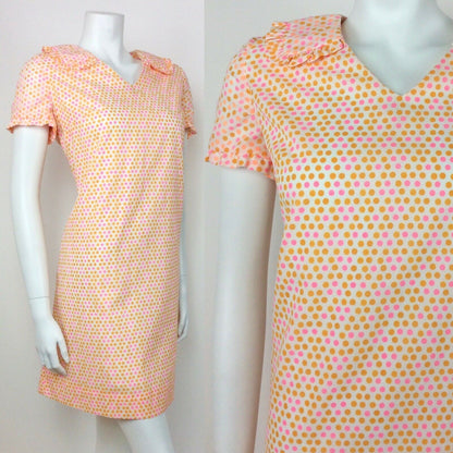 VTG 60s 70s ORANGE PINK WHITE POLKA DOT RUFFLE COLLAR TRAPEZE DRESS 10 12 14