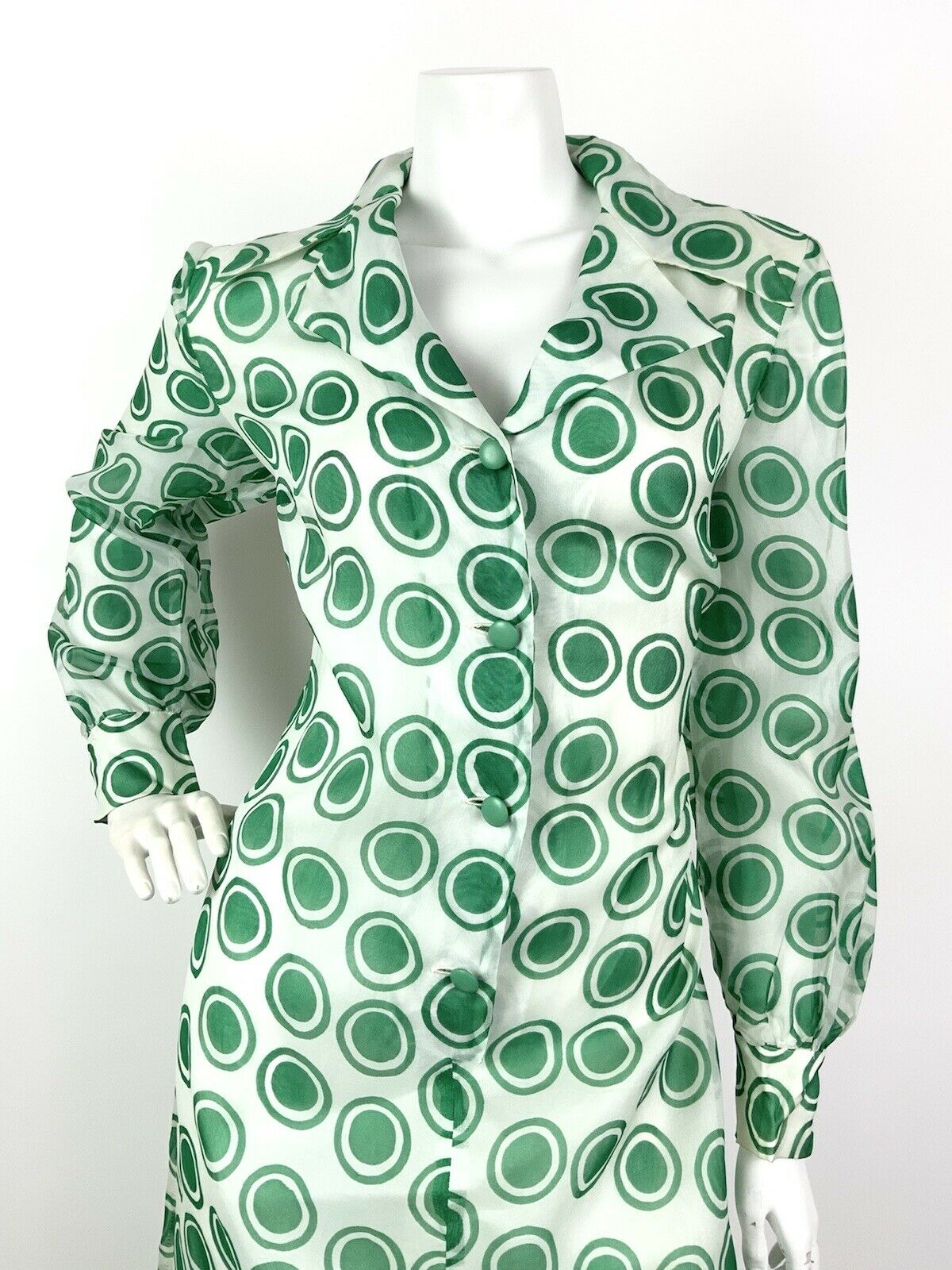 VINTAGE 60s 70s WHITE GREEN POLKA-DOT SHEER MOD DAGGER MAXI DRESS 14 16