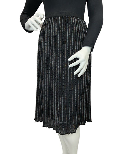 VINTAGE 60s 70s BLACK IRIDESCENT STRIPED DISCO PARTY LUREX KNIT MIDI SKIRT 14