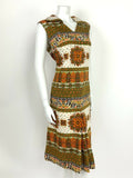 VTG 60s 70s GREEN ORANGE BROWN WHITE FLORAL ORNATE MANDALA SUMMER DRESS 14 16