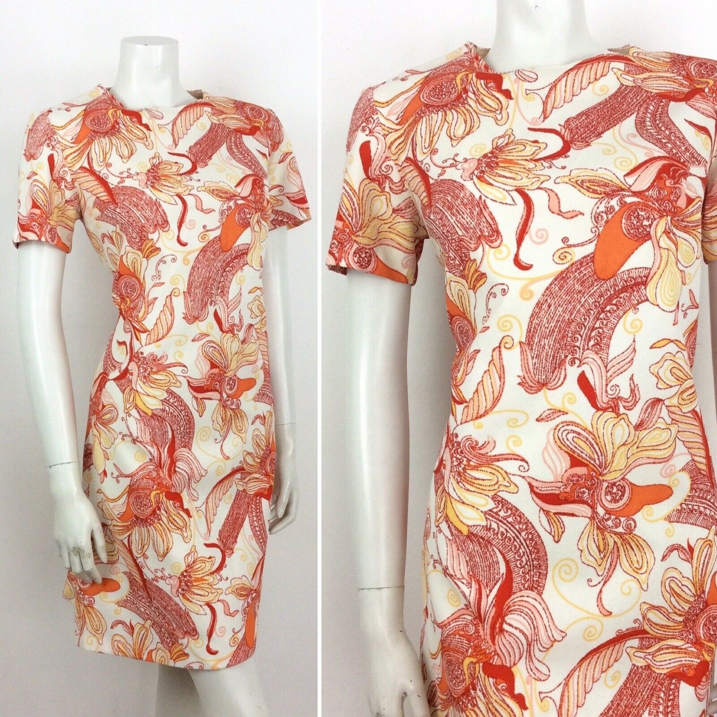 60S 70S VINTAGE ORANGE CREAM PSYCHEDELIC FLORAL SHIFT DRESS 14