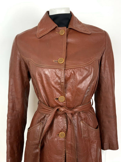 VINTAGE 60s 70s BROWN RED BELTED MOD LEATHER JACKET 12 14