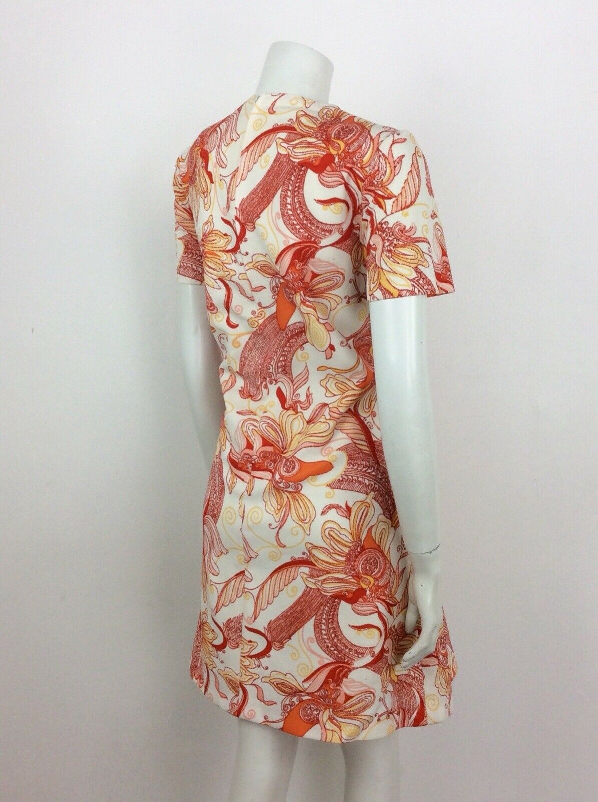 60S 70S VINTAGE ORANGE CREAM PSYCHEDELIC FLORAL SHIFT DRESS 14