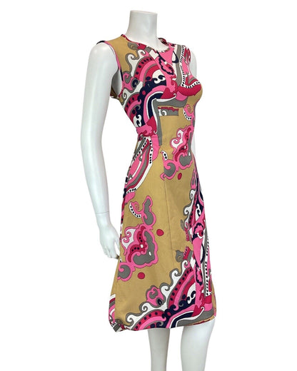 VINTAGE 60s 70s PINK BEIGE GREY PSYCHEDELIC SWIRL MOD SLEEVELESS DRESS 10 12