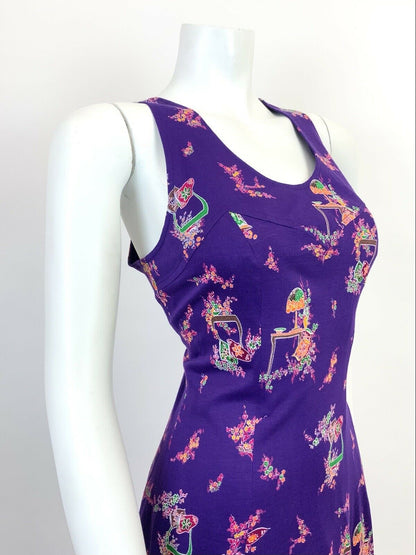 VINTAGE 60s 70s PURPLE ORANGE GREEN FLORAL SLEEVELESS SWING MINI DRESS 10 12