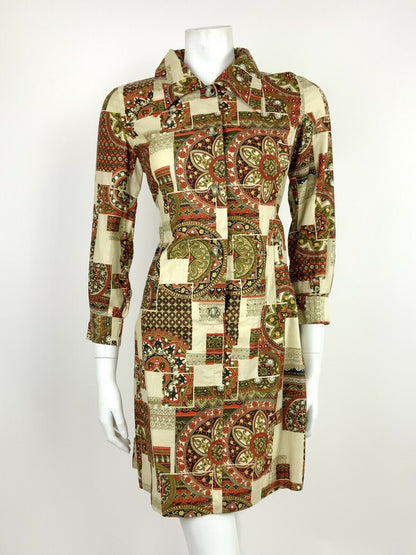 VTG 60s 70s CREAM RED BLACK GOLD GREEN FLORAL ARABESQUE SHIRT DRESS 8 10